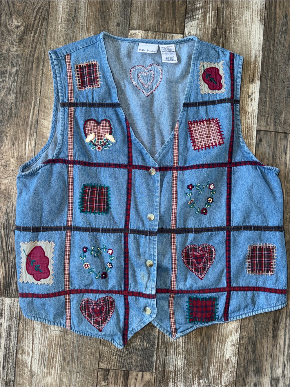 Vintage Bobbie Brooks Denim Vest Large Patchwork Plaid Embroidered 90s Cottageco